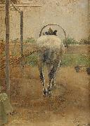Nils Kreuger Labor - horse pulling a threshing machine oil painting